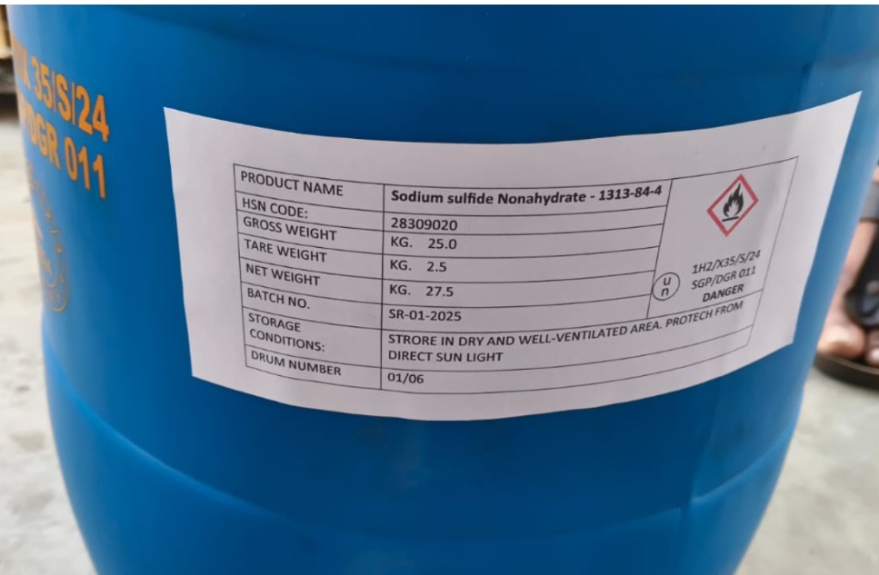 Sodium Sulfide Nonahydrate drum label — CAS 1313-84-4, HSN 28309020, net 25 kg, batch SR-01-2025